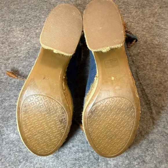 Tory Burch Espadrille Sandals 5.5 Positano Blue Canvas Platform Lace - Picture 7 of 8